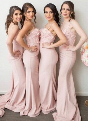 Spaghettis-Straps Mermaid 3D-Floral-Appliques Pink Bridesmaid Dresses_2