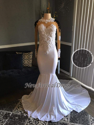 White Sheer Lace Appliques Black Long Sleeve Mermaid Long Prom Dresses_1