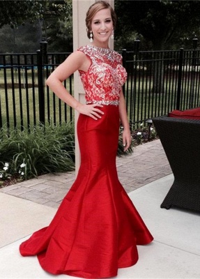 Gorgeous Crystal Mermaid Red Prom DressSleeveless Sweep Train_1