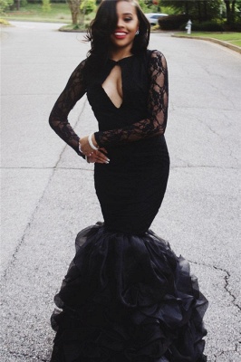 Keyhole-Neck Lace Black Ruffles-Skirt Mermaid Long-Sleeves Sexy Prom Dresses_2