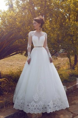 Glamouröse Spitzenapplikationen Langarm Brautkleider | Flauschige Tüll Elegante A-Linie Brautkleider Billig_3