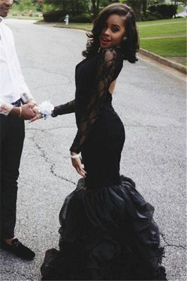 Keyhole-Neck Lace Black Ruffles-Skirt Mermaid Long-Sleeves Sexy Prom Dresses_3