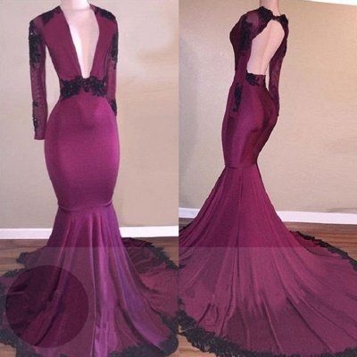 Burgundy LaceProm Dresses  | Mermaid V-Neck Black Lace Evening Gowns BA7833_3