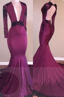 Burgundy LaceProm Dresses  | Mermaid V-Neck Black Lace Evening Gowns BA7833_1