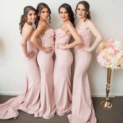 Spaghettis-Straps Mermaid 3D-Floral-Appliques Pink Bridesmaid Dresses_3
