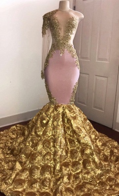 Una manga sirena oro vestidos de fiesta florales baratos 2021 | Abalorios apliques de encaje sexy vestidos de baile baratos bc1386_1