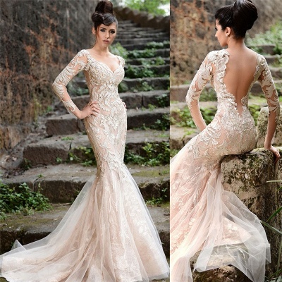 V-neck Long Sleeve Wedding Dresses Ivory |  Mermaid Sexy Lace Evening Dresses 2021 bc1589_3
