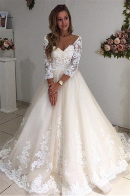 Ivory Backless Long Tulle Appliques New Arrival A-line Lace Sleeves Wedding Dresses_2