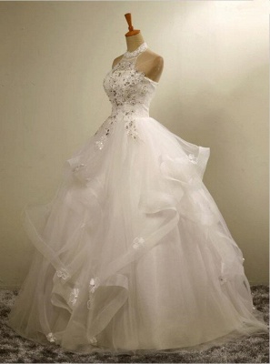 High Neck Lace Appliques Beads Sleeveless Ruffles Ball Gown Wedding Dresses_5