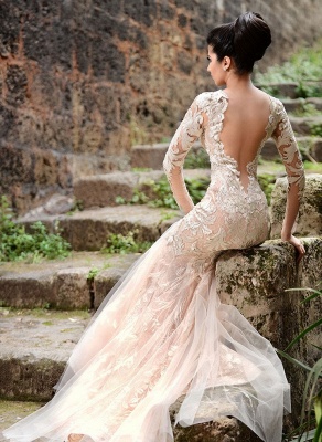V-neck Long Sleeve Wedding Dresses Ivory |  Mermaid Sexy Lace Evening Dresses 2021 bc1589_4
