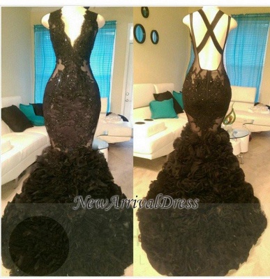 Open Back V-Neck Tulle Mermaid Evening Gowns | Appliques Glamorous Black Prom Dresses_1