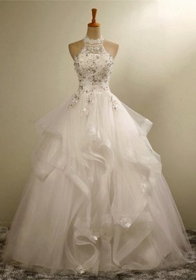 High Neck Lace Appliques Beads Sleeveless Ruffles Ball Gown Wedding Dresses_1