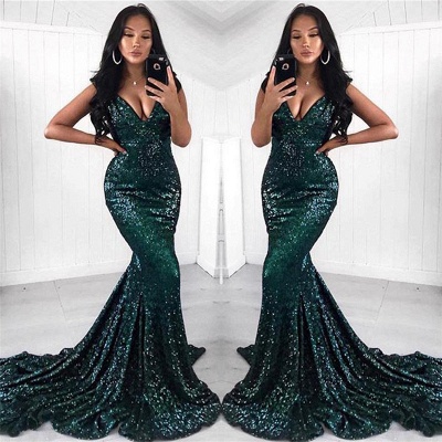 Sexy V-neck Shiny Dark Green Sequins Evening Dresses | Mermaid Court Train  Prom Dresses_3