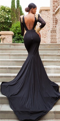 Sexy Mermaid Long-Sleeves Crystal Deep-V-Neck Black Prom Dresses | Long Prom Dress_3