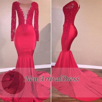Long Sleeve Red Evening  Gowns | Lace Appliques Mermaid Prom Dresses_1