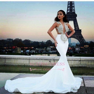 Modest Sheer Lace Appliques White Prom Dresses Long Mermaid BA6494_1