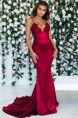 Burgundy Sleeveless Mermaid Backless Prom Dresses |   Spaghetti-Straps Lace Appliques Evening Gowns_1