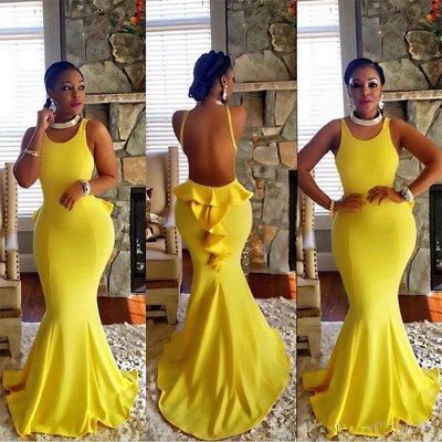 Sexy Yellow Mermaid Backless Sleeveless Sweep Train Prom Dress | Plus Size Prom Dress_3