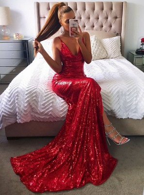 Robe de bal sexy à paillettes rouges, robes de soirée sirène BA8159_3