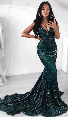 Sexy V-neck Shiny Dark Green Sequins Evening Dresses | Mermaid Court Train  Prom Dresses_1