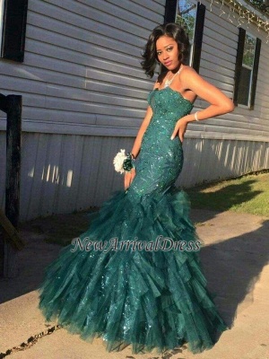 Sequins Ruffled Sparkly Sleevles Strapless Beading Green Tieres Mermaid Prom Dress_1