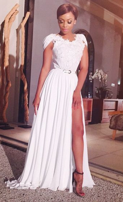 A-Line White Chiffon Long Evening Dresses Applique Side Slit Beautiful  Dress with Belt_1