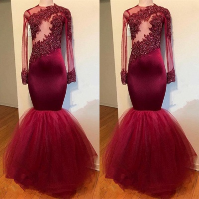 Modern Lace Appliques Long Sleeve Prom Dresses  | Mermaid Burgundy Prom Dresses_3