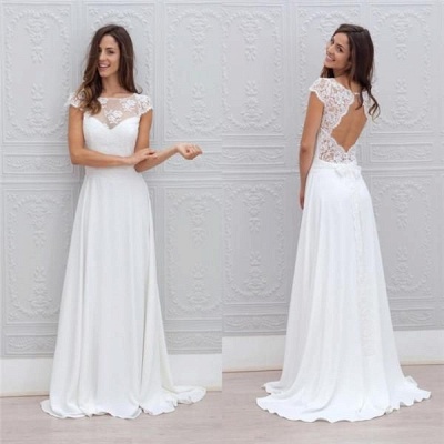 Beautiful Simple Short Sleeve Elegant A-Line Sweep Train Open Back White Wedding Dresses_4