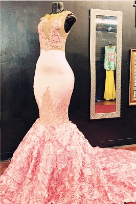 Pink Flowers-Bottom Lace Gorgeous Mermaid Sleeveless Appliques Illusion Prom Dresses_2