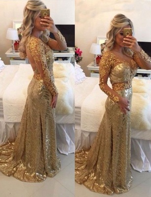 Delicate Long Sleeve Mermaid Backless Lace Appliques Prom Dress_1