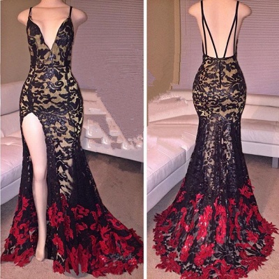 Side Slit Black Mermaid Spaghetti Straps Lace Red Long Prom Dresses_3