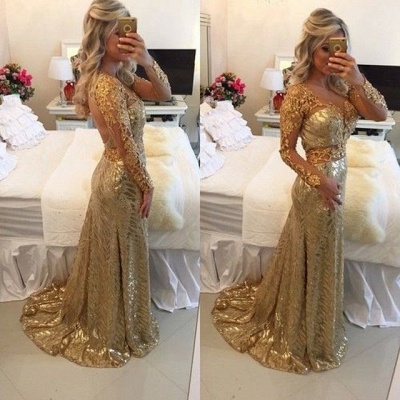 Delicate Long Sleeve Mermaid Backless Lace Appliques Prom Dress_3
