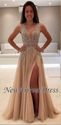 Champagne Side Brilliant Crystals A-Line Split Prom Dresses_4