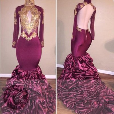 Sexy Open Back Burgundy Mermaid Prom Dresses  | Gold Appliques Ruffles Evening Gowns_3