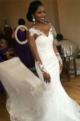 Long Sleeve Lace Illusion Appliques Nigeria Jewel Mermaid See Through Tulle Wedding Dresses  Online_2