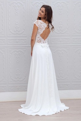 Beautiful Simple Short Sleeve Elegant A-Line Sweep Train Open Back White Wedding Dresses_3