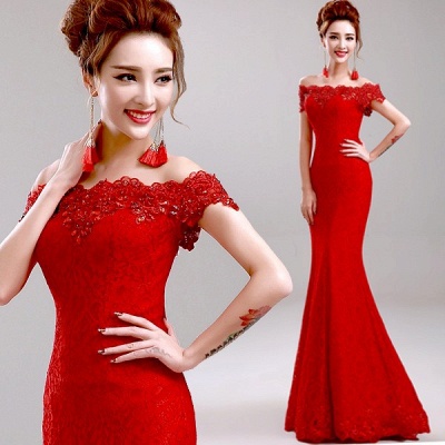 Crystal Beaded Red Mermaid Evening Dresses Off the Shoulder Prom Party Dress_17