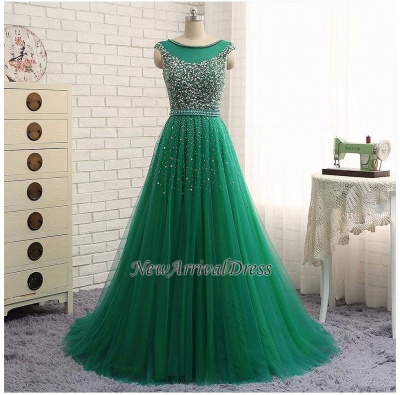Beaded Custom Made A-line Tulle Brilliant Scoop Sleeveless Green Long Prom Dresses_1