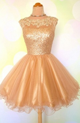 Gold Sequins Appliques Shiny Puffy Sexy Short Homecoming Dresses_2