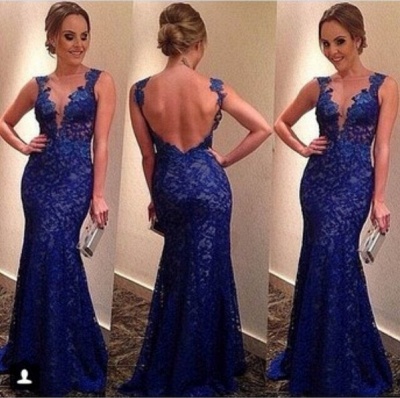 Royal Blue Prom Dresses V-neck Backless Full Lace Sleeveless Floor Length Sexy Evening Gowns_2