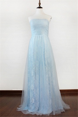 Strapless Ruffles Tulle Prom GownsSweep Train Evening Dresses with Ribbons_1