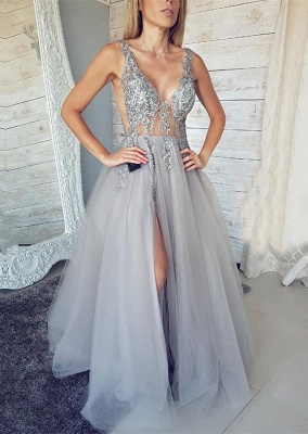 Elegant V-Neck Sleeveless Evening Dress | 2021 Tulle Prom Dress With Slit_1