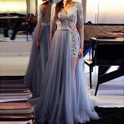 Delicate Long Sleeve A-line Evening Dress | Crystals Evening Dress_3