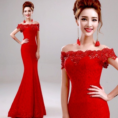 Crystal Beaded Red Mermaid Evening Dresses Off the Shoulder Prom Party Dress_15