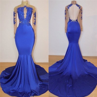 2021 Royal Blue cuello alto vestidos de baile baratos | Vestido de noche de espalda abierta con apliques de sirena BC0717_3