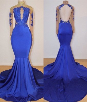 2021 Royal Blue cuello alto vestidos de baile baratos | Vestido de noche de espalda abierta con apliques de sirena BC0717_1