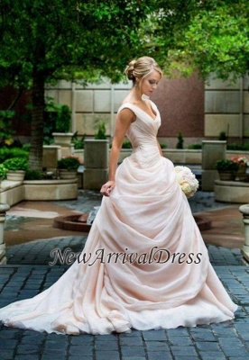 Robes de mariée élégantes roses sans manches à volants et à encolure en V_1