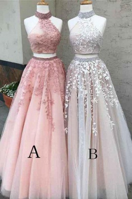 Modern High Neck Sleeveless Custom Made A-line Lace Appliques Two Piece Prom Dresses_1