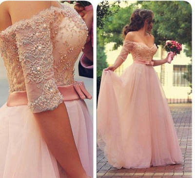 Princess Sweetheart Half Sleeve Tulle Prom Dress With Pearls and Appliques Floor Length_2