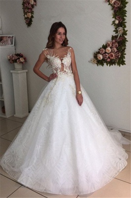 Lace New Arrival A-line Tulle Court Train Beach Appliques Online Wedding Dresses_5